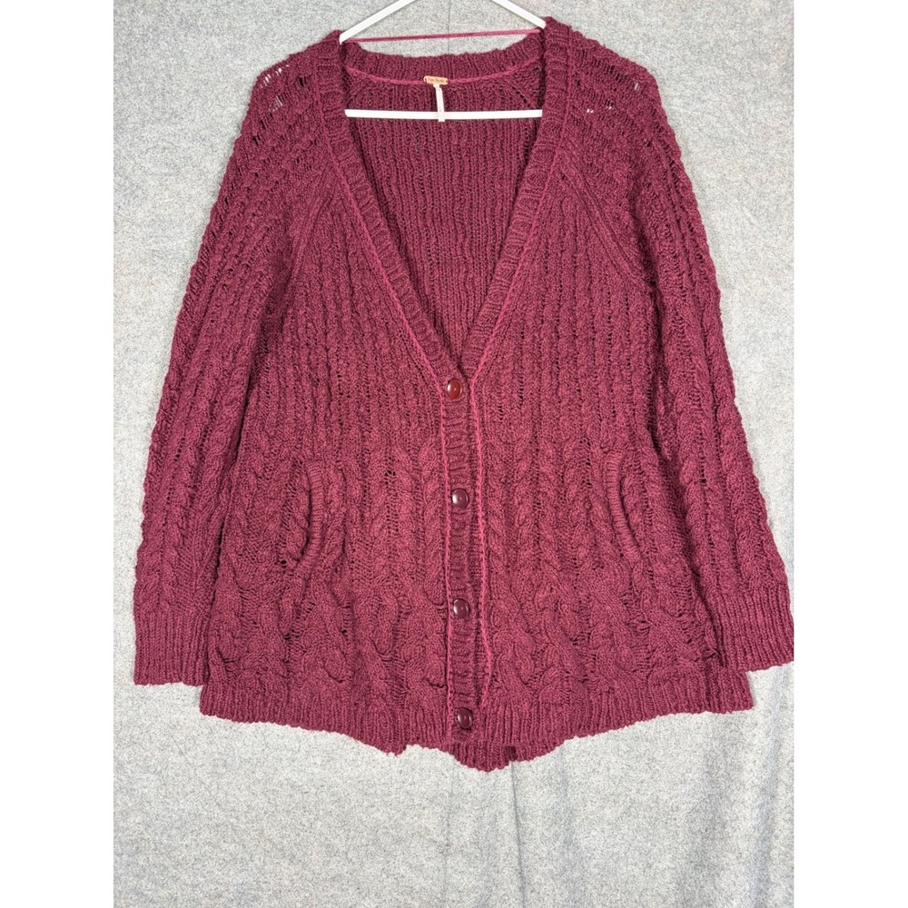 Free People Burgundy Cable Knit Cotton Cardigan Sweater V-Neck Pockets Large